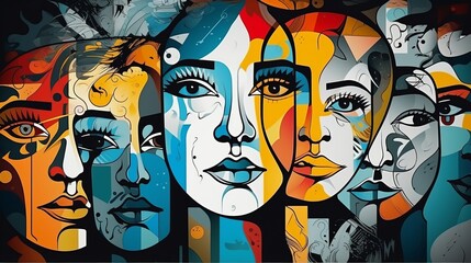 A painting of a group of people's faces