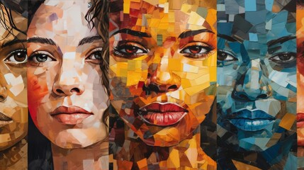 A collage of four different women's faces - obrazy, fototapety, plakaty