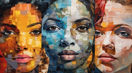 A collage of three different women's faces - obrazy, fototapety, plakaty