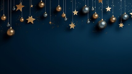 A blue and gold Christmas ornaments on blue background - obrazy, fototapety, plakaty