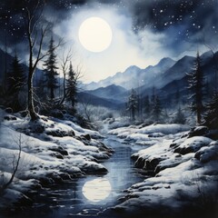 night valley art, river in the snow mountain creek landscape with the moon high above, generative ai 