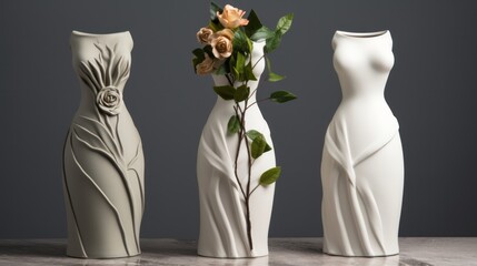 A group of three vases with flowers in them