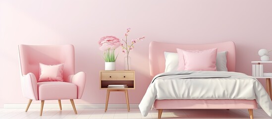Pink retro chair in cute bedroom with pastel bedding on bed and flowers in colored glass vase on table