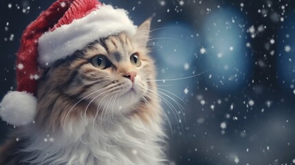 A cat wearing a santa hat in the snow