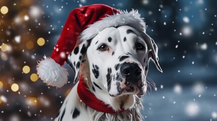 A dalmatian dog wearing a santa hat