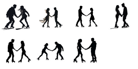 set of silhouettes of people, couples on ice skates and roller skates, vector illustration, isolated, generative AI.