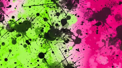 Pink and green paint splattered on a black background