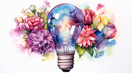 A painting of a light bulb with flowers around it