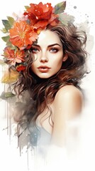 A watercolor painting of a woman with flowers in her hair