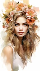 A watercolor painting of a woman with flowers in her hair