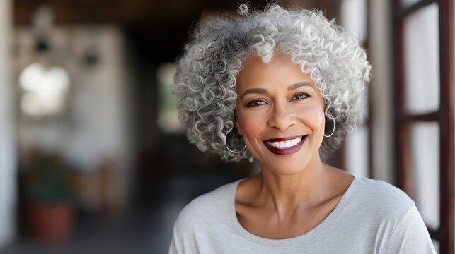 Beautiful gorgeous 50s mid age beautiful elderly senior model black woman at  work with grey hair laughing and smiling. Mature old lady close up portrait, generative ai