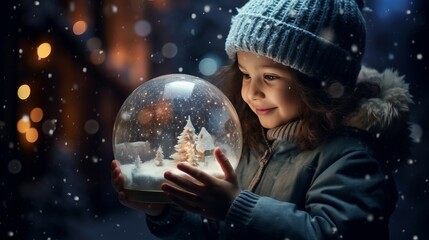 A little girl holding a snow globe in her hands - obrazy, fototapety, plakaty