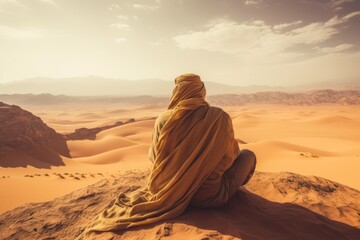 Fototapeta na wymiar Man sitting on a dune contemplating the desert