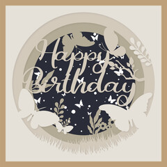 Birthday card, paper cut style. Layered Happy Birthday vector illustration. Birthday card with butterflies. 