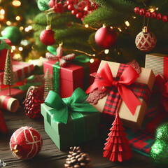 Christmas and New Year background with Christmas tree, presents and decorations.