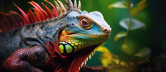 Obraz premium tropical background of Mexico amidst the lush green nature a colorful dragon with vibrant skin becomes a predator captivating onlookers with its striking eye embodying the exotic wildlife an