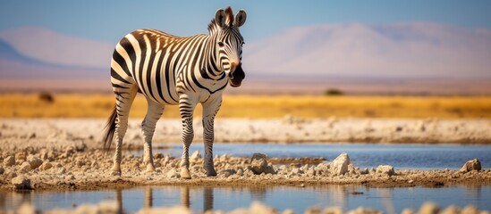 vast Etosha National Park located in Namibia Africa a thirsty zebra from a large herd roaming the arid desert was spotted drinking from the dry waterhole at the famous Pan amidst the captiv - obrazy, fototapety, plakaty