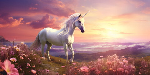A unicorn is standing on a hill in the mountains .Mythical Beauty in the Mountains Tranquil Unicorn Vista Summit Serenity with a Unicorn.AI Generative