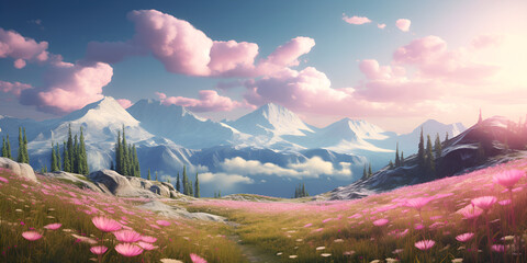 summer blue sky and fantasy cloud on the top of a mountain There is a painting of a field with flowers and a stream.AI Generative