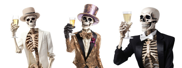 Skeleton with a glass of champagne in his hand celebrating a party, skeleton costume, bow tie and party hat, isolated or white background - obrazy, fototapety, plakaty
