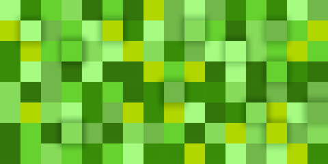 Large multi-layered pixelated green background made of cubes in different shades of green. Modern game background. Green squares background for kids party banner for birthday party