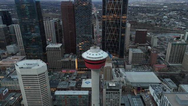 View of Calgary's downtown skyline at dusk. 