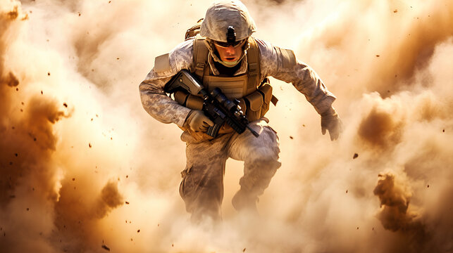A professional soldier in camouflage with a weapon on the battlefield.