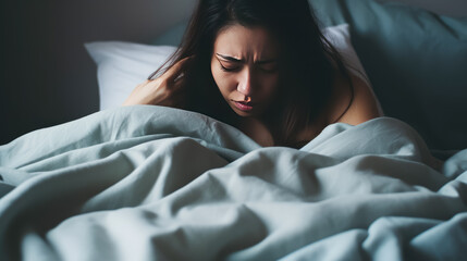 Young beautiful woman lying in bed and covering her ears with a blanket.