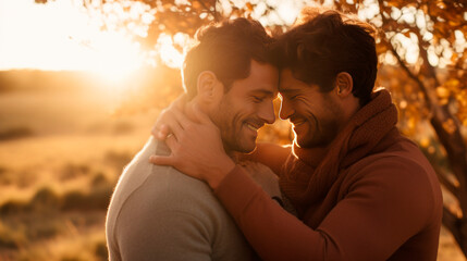 Lovely gay couple on sunset - obrazy, fototapety, plakaty