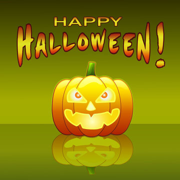 The pumpkin is bright orange in cartoon style with glowing eyes and a mouth with the inscription HAPPY HALLOWEEN on a green square background. Autumn, October. Vector illustration.