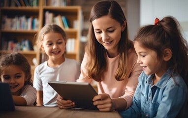 Obraz premium A Teacher Holding a Tablet Computer Explaining Lesson to a Young Children