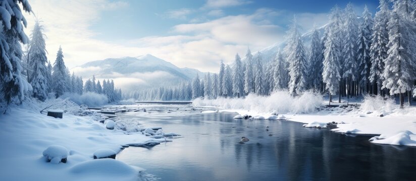The winter landscape with snow covered trees against the backdrop of a dark blue sky creates a stunning natural scene where the glistening water reflects the light forested mountains