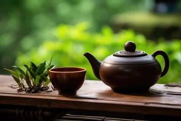 Foto op Aluminium Bamboo mat with teapot and dried leaves on trees background. AI Generated © dark_blade
