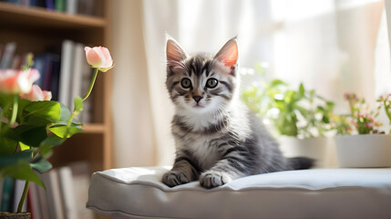 Cute Gray Striped Fluffy Kitten on a Pillow in the Sunlight near Pink Flowers