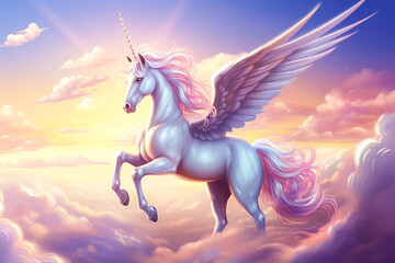 Naklejka na ściany i meble Unicorn on rainbow background. Fantasy unicorn in the sky.