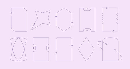 Modern simple aesthetic line frames collection with sparcle, stars. Y2k geometric vector arc shapes on purple background