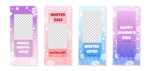 Set of winter gradient snow posters with text for promotion of sale week. Clear blue violet and pink background with snowflakes. Snowy weather atmosphere. Vector illustration for post, banner.