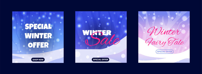 Special winter offer. Post templates for social media with snowy backgrounds. Winter sale posts with design elements blog, banner, poster, web template. Vector illustration