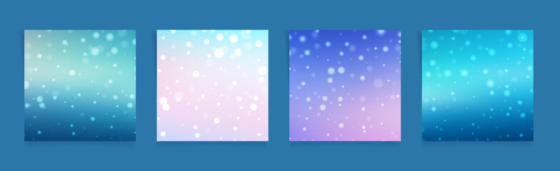 Winter snowfall square post set. Snowy gradient backgrounds for promo posts, banners with snowflakes, forest, trees on gradient blue, violet and pink colors set. Vector collection