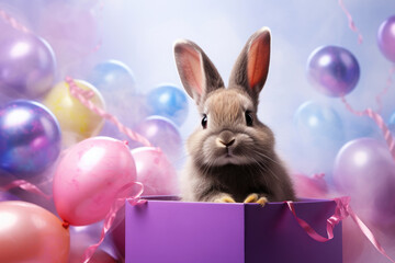 decorative bunny, rabbit sitting ,purple gift box copy space