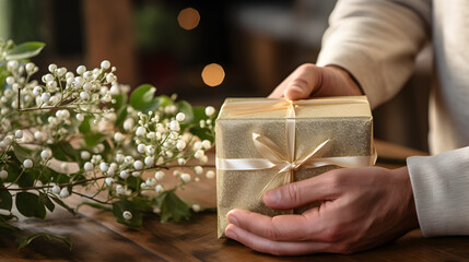 Hands Holding a Golden Gift, Next to Flowers