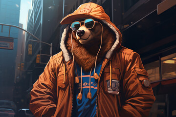 A bear wearing hip-hop style street fashion. Funny cute animal, adult bear, rapper and hustler concept - obrazy, fototapety, plakaty