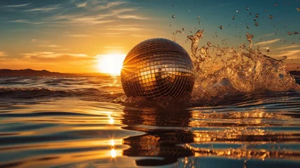 Foto op Canvas "Tropical vibes: A disco ball in the water, waves reflecting the sunset, creating a festive beach atmosphere with a touch of coastal magic © pvl0707