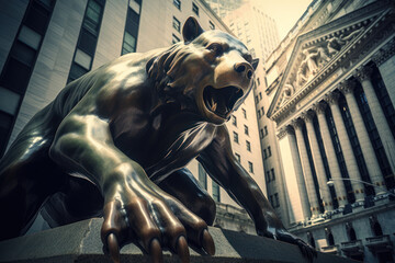 Growling Bear Statue in Financial District - obrazy, fototapety, plakaty