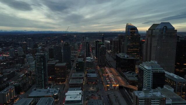 View of Calgary's downtown skyline at dusk. 