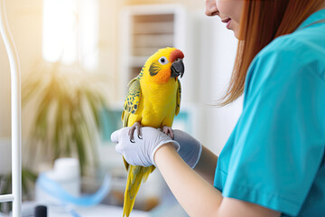 Veterinarian examining parrot in clinic, closeup - obrazy, fototapety, plakaty