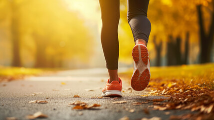 Runner athlete running in beautiful autumn park. Woman fitness jogging workout wellness concept.