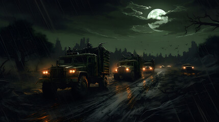 Convoy of Trucks on a Muddy Road at Night