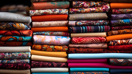 Piles of Folded Fabric in Bright Colors and Lively Prints