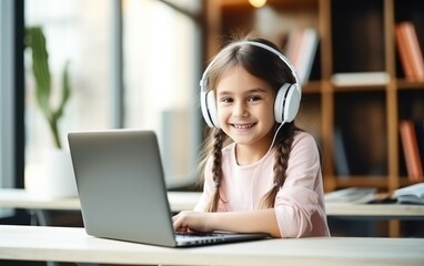 Little girl using laptop attending online tutorial